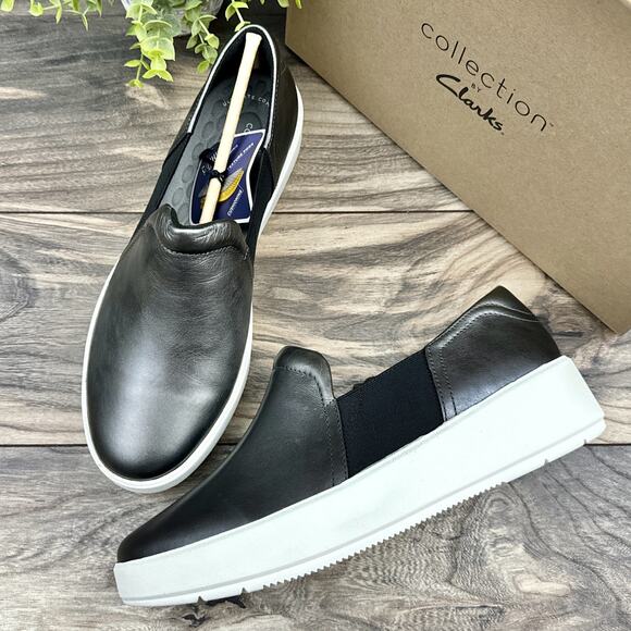 Clarks Shoes - NIB CLARKS 9 Wide Width Layton Band Slip On Leather Platform Sneakers Gun Metal